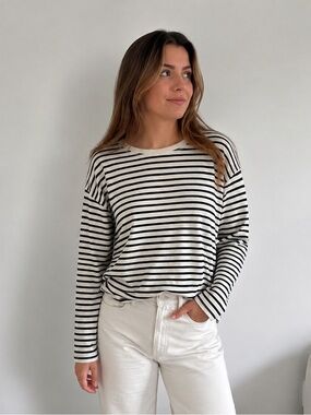 Zara Black Cream Striped Knit Top Medium French Minimalist Breton Nautical Boxy
